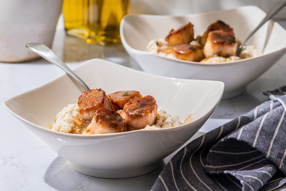 Caramelized Scallops with Prosecco Butter & Cauliflower Grits